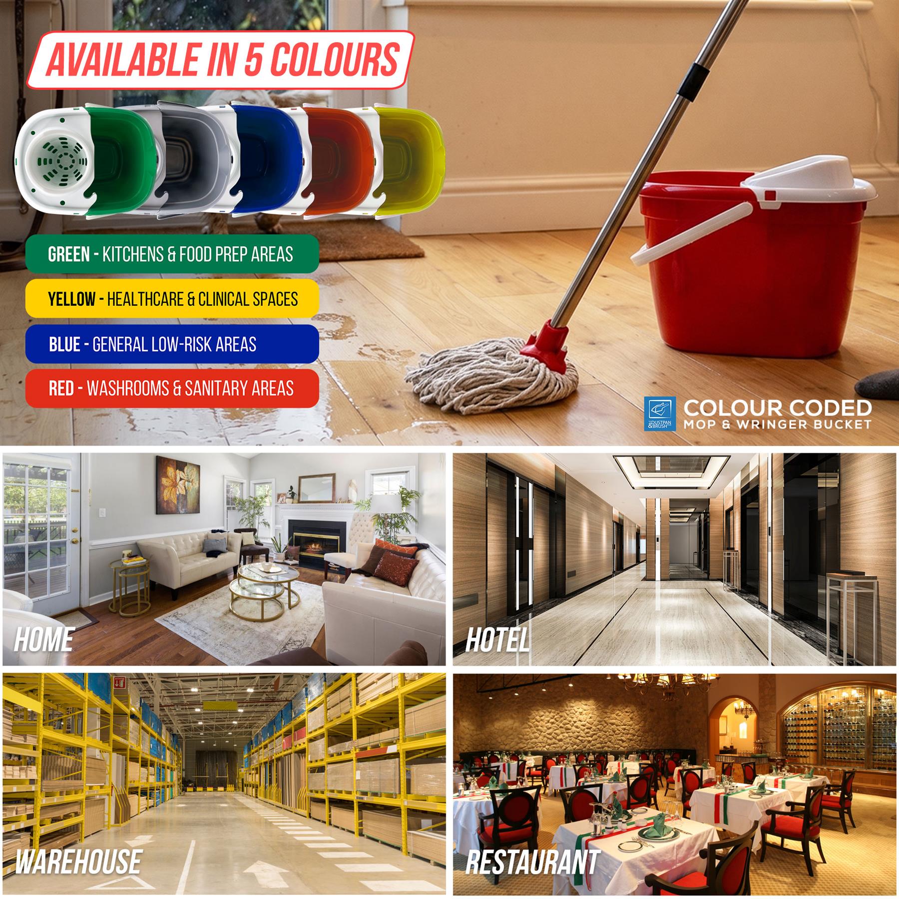 A mop and wringer bucket set shown in a home interior, with text stating 'AVAILABLE IN 5 COLOURS' and a color-coded list of green, yellow, blue, red, and white options. The bucket is red, the mop head is white, and the handle is silver.