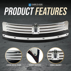 Farm floor squeegee head with product features on a dark background