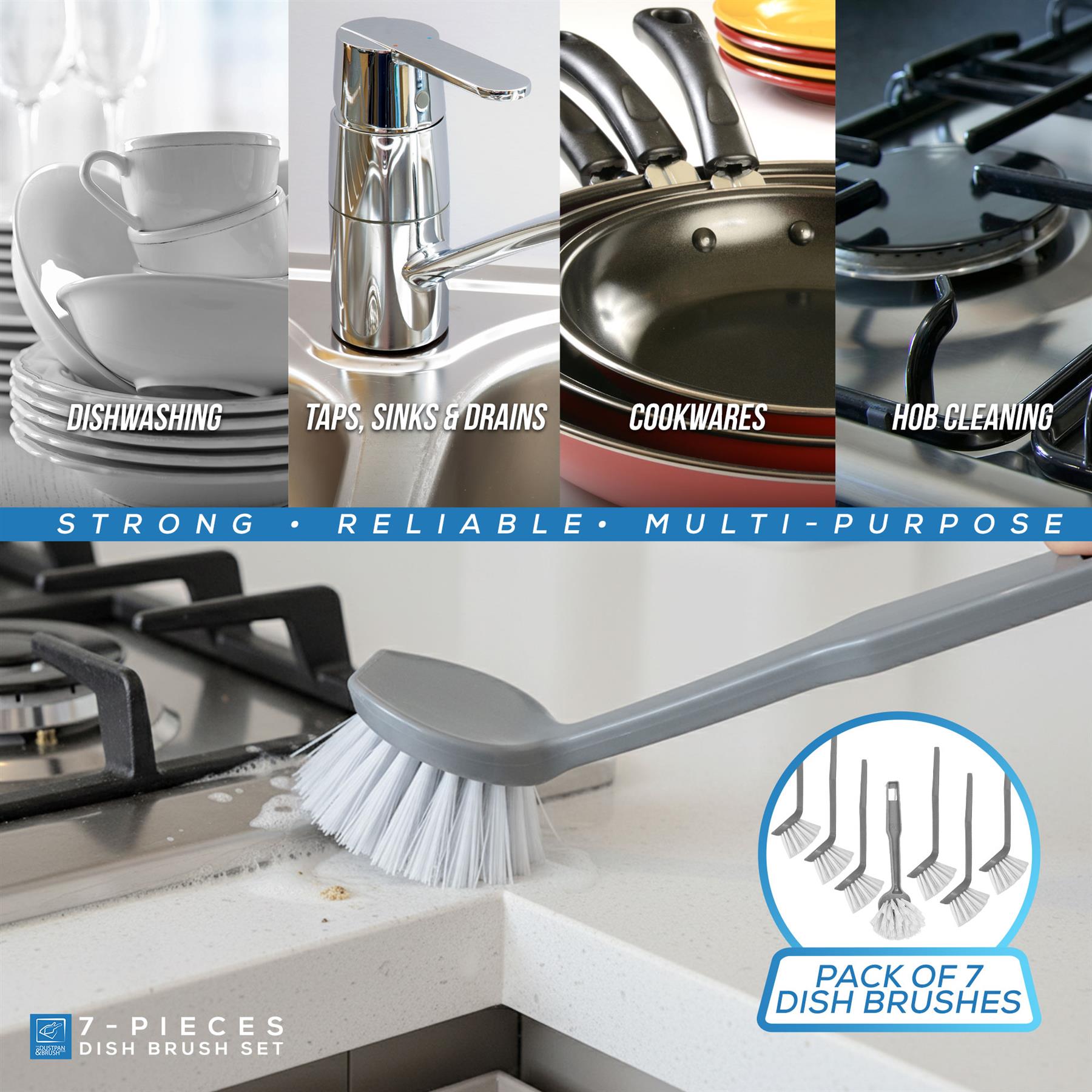 Packaging of a dish brush set with images of kitchen items and text highlighting features.