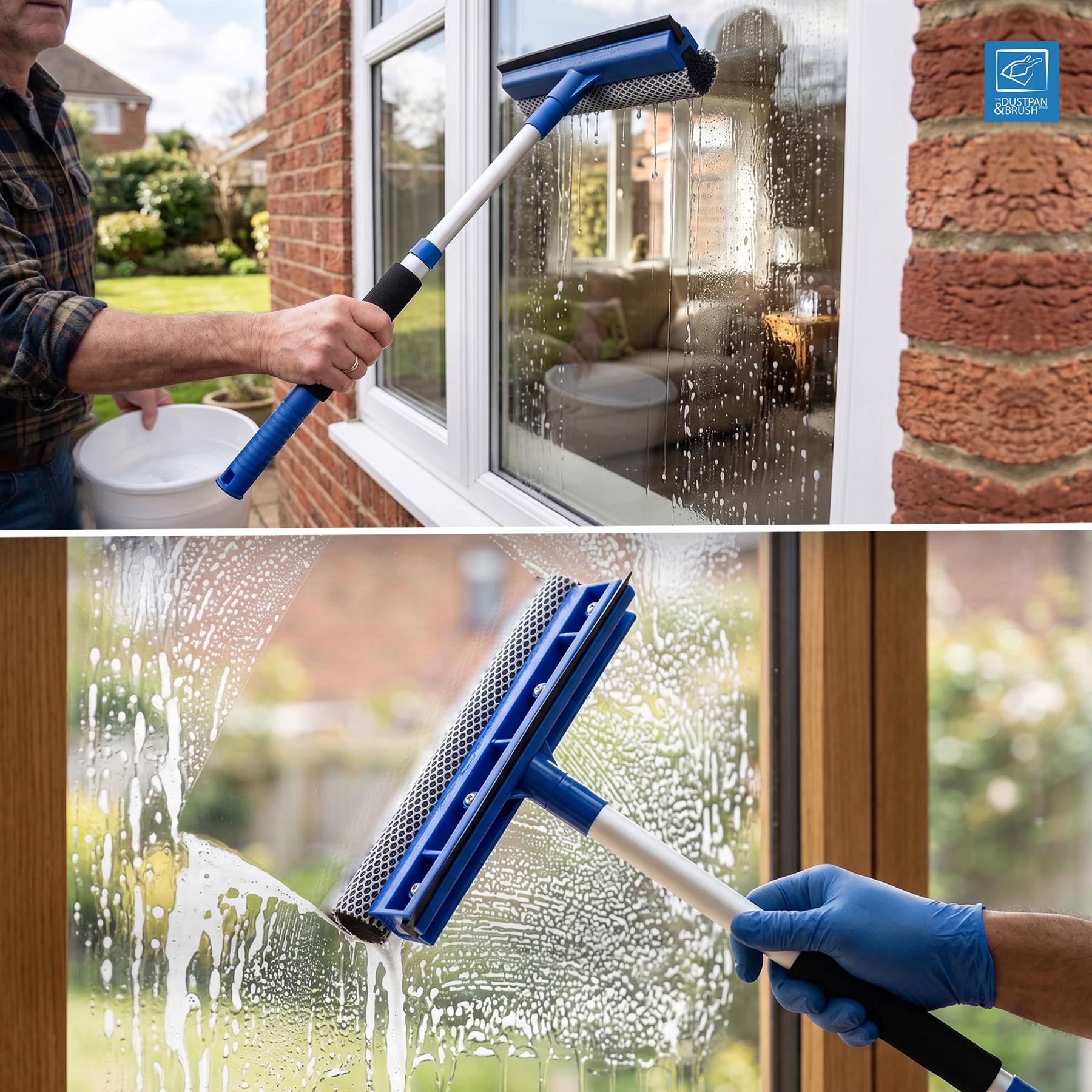 Person cleaning a window with a squeegee tool, with a the dustpan and brush store brand logo.