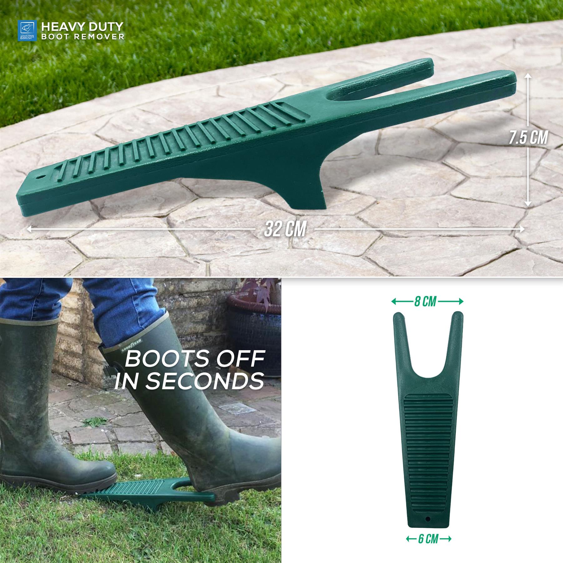 Heavy-duty boot remover with measurements and usage demonstration on a stone surface and grass.