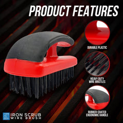 Iron Scrub Wire Brush product graphic with a red and black plastic brush head and black wire bristles, shown on a dark striped background with feature callouts and text including 'PRODUCT FEATURES', 'DURABLE PLASTIC', 'HEAVY DUTY WIRE BRISTLES', and 'RUBBER-COATED ERGONOMIC HANDLE'.