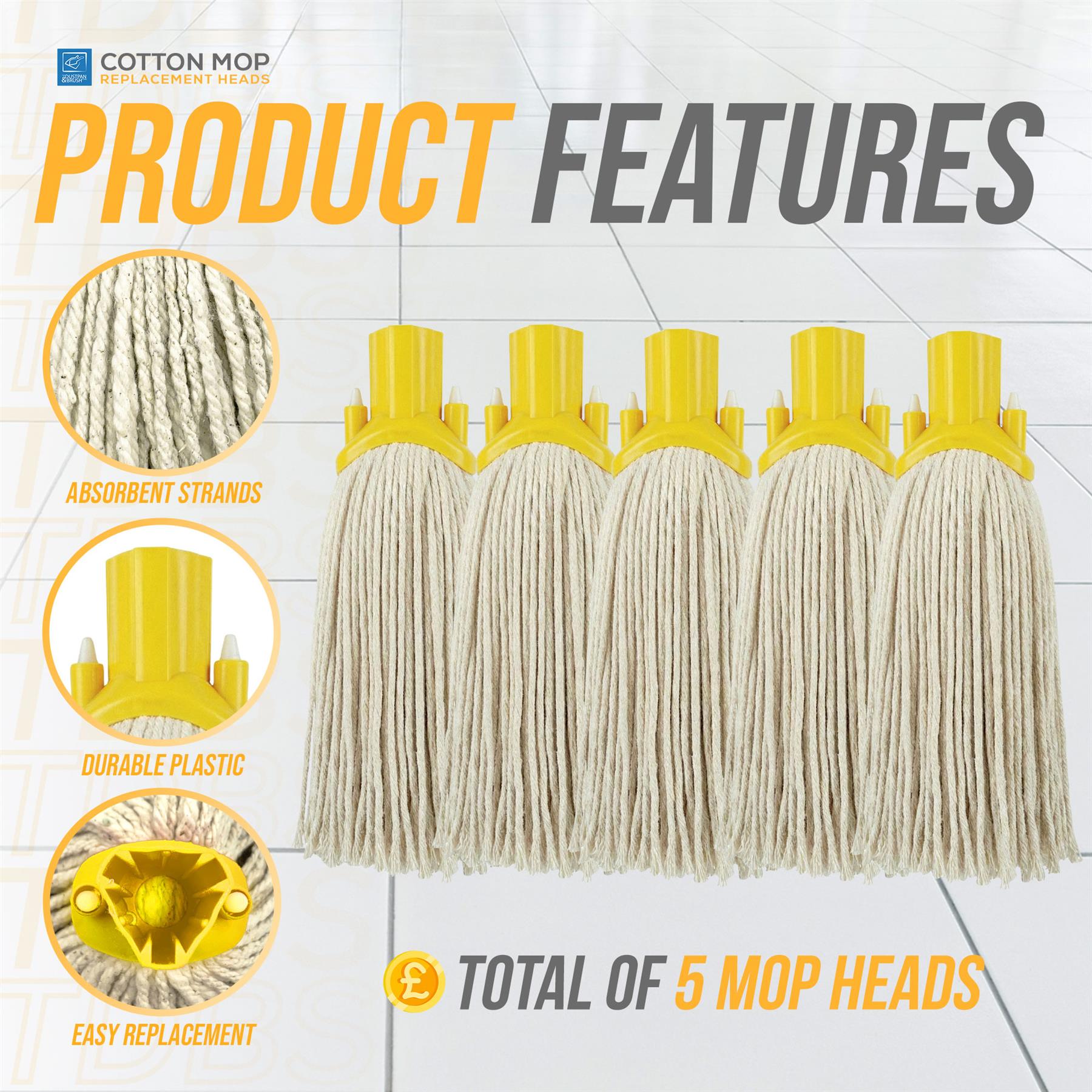 Five cotton string mop heads with yellow plastic collars arranged side by side on a light tiled floor background, with feature callouts and the text 'PRODUCT FEATURES' and 'TOTAL OF 5 MOP HEADS'.