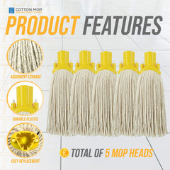 Five cotton string mop heads with yellow plastic collars arranged side by side on a light tiled floor background, with feature callouts and the text 'PRODUCT FEATURES' and 'TOTAL OF 5 MOP HEADS'.