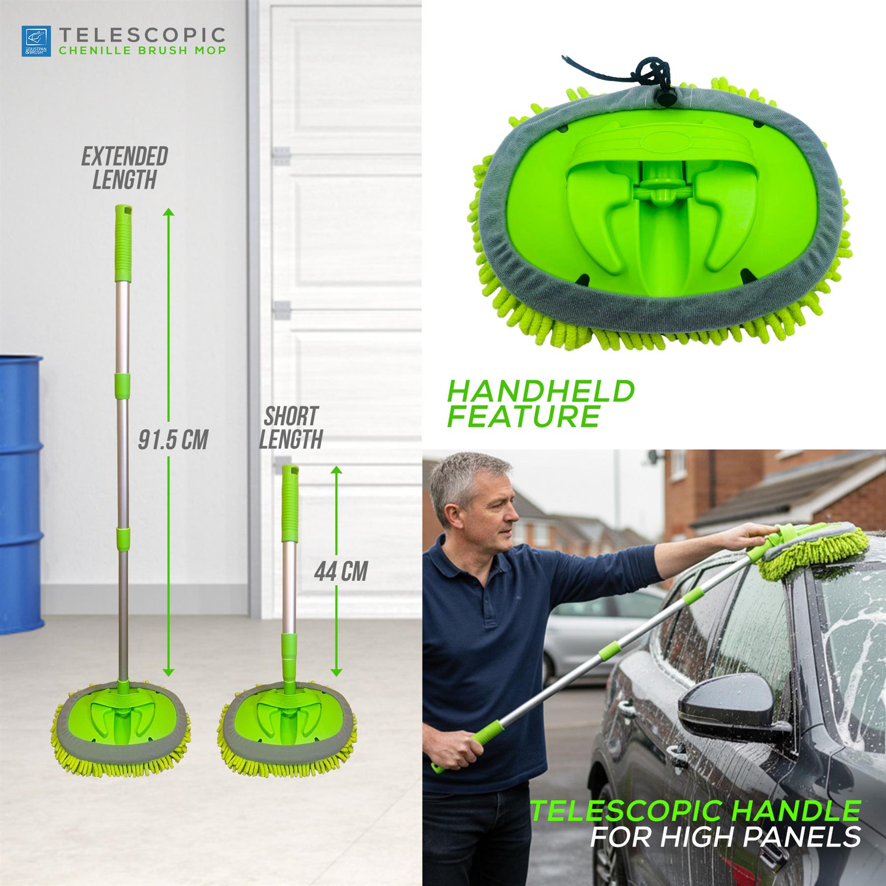 Telescopic Chenille Brush with extended and short lengths, handheld feature, and telescopic handle for high panels.