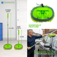 Telescopic Chenille Brush with extended and short lengths, handheld feature, and telescopic handle for high panels.