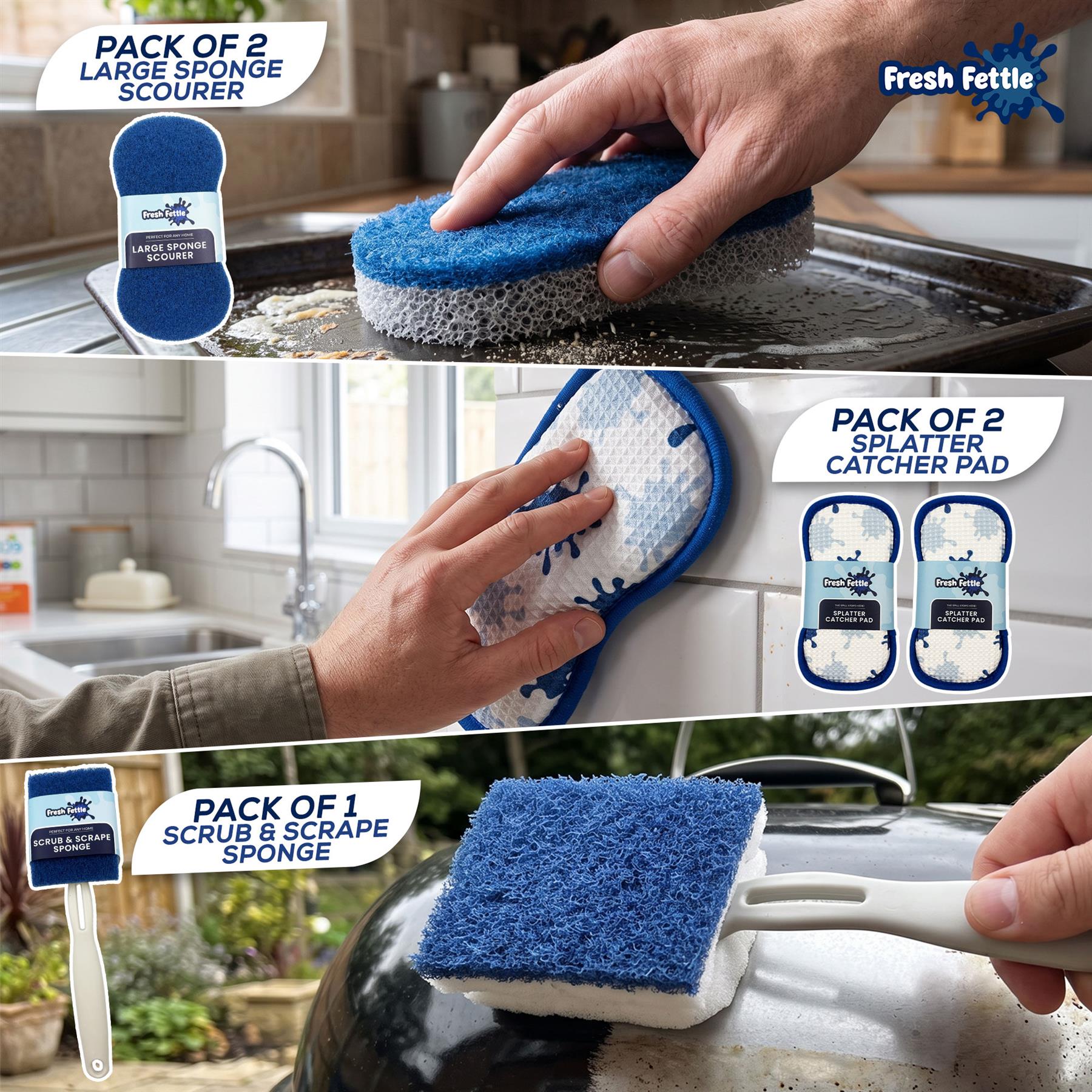 A three-panel collage showing a pack of three cleaning sponges from Fresh Fettle in use by a person. The products include a large sponge scourer, a splatter catcher pad, and a scrub and scrape sponge, with the brand name Fresh Fettle visible on the packaging.