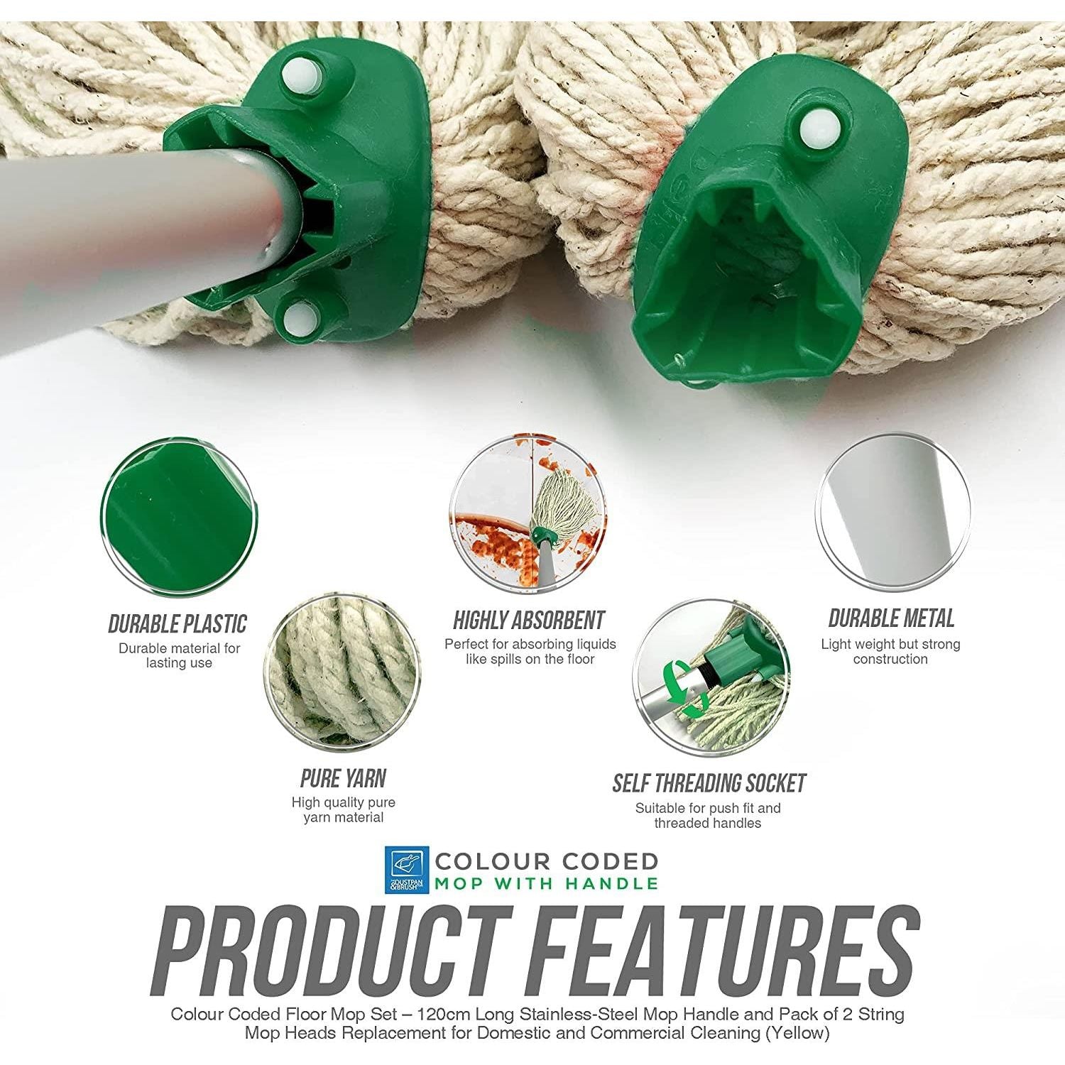 Green Aluminium Handle with 2 Cotton Mop Heads - 12PY