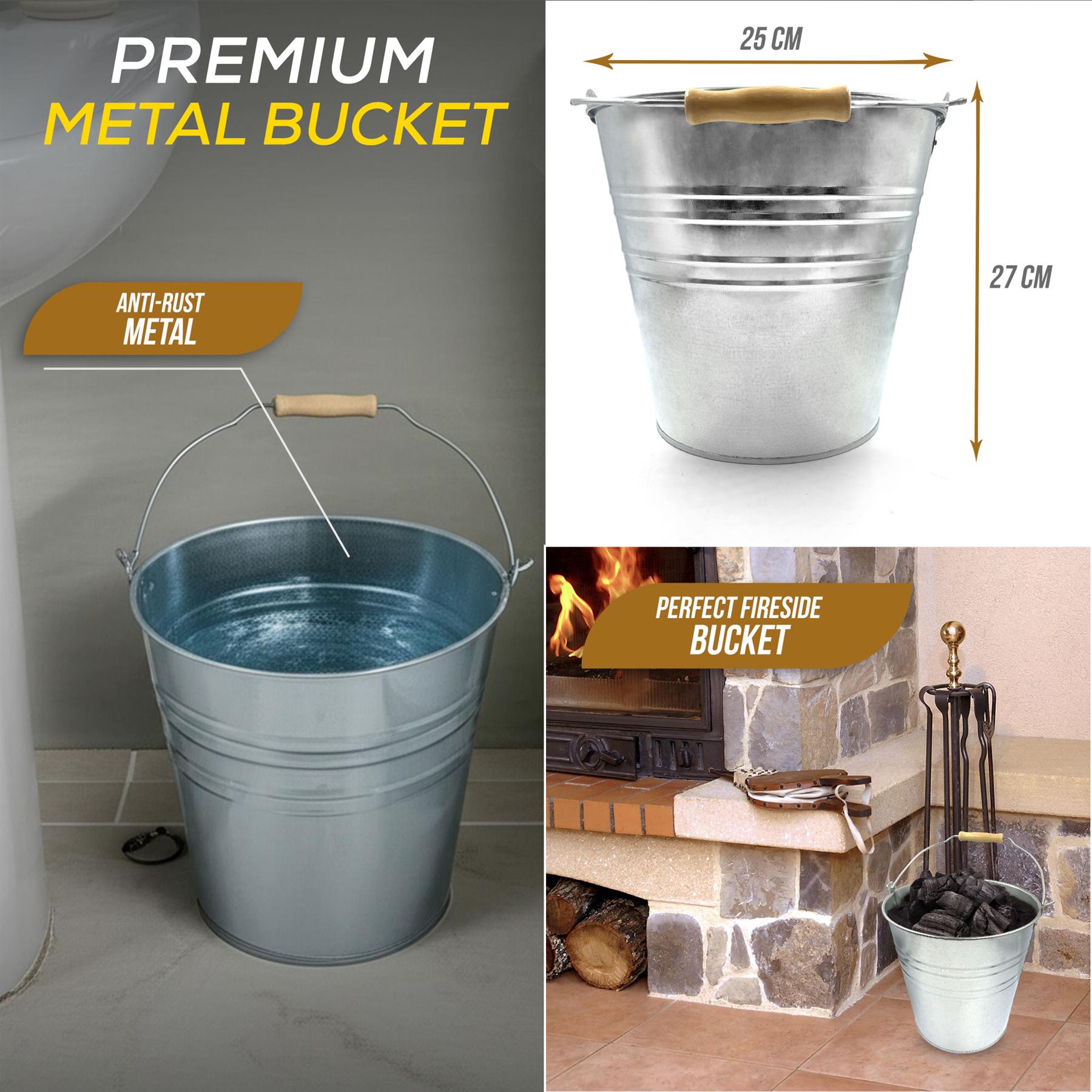 10 Litre Galvanised Steel Metal Bucket with Wooden Handle