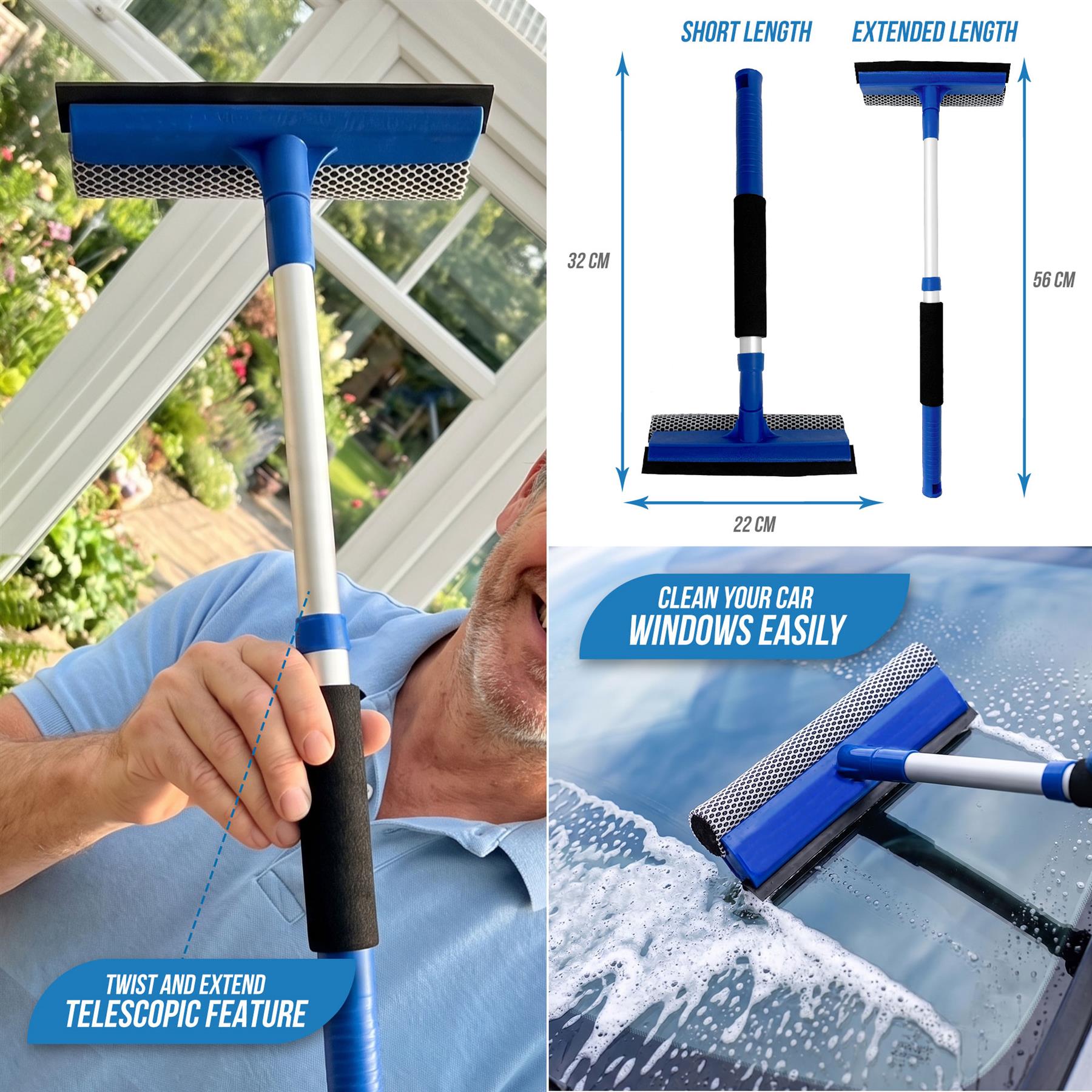 Telescopic window cleaning squeegee with measurements and usage examples.