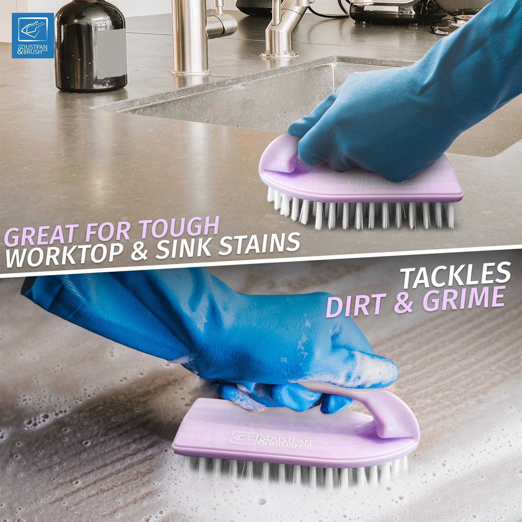 Lilac scrub brush being used to clean a kitchen sink with text highlighting its effectiveness.