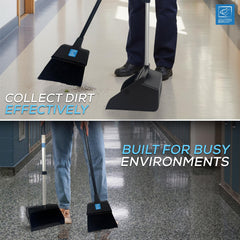 Environmental image of Heavy Duty Long Handled Dustpan and Brush Set collecting dirt in hallway 