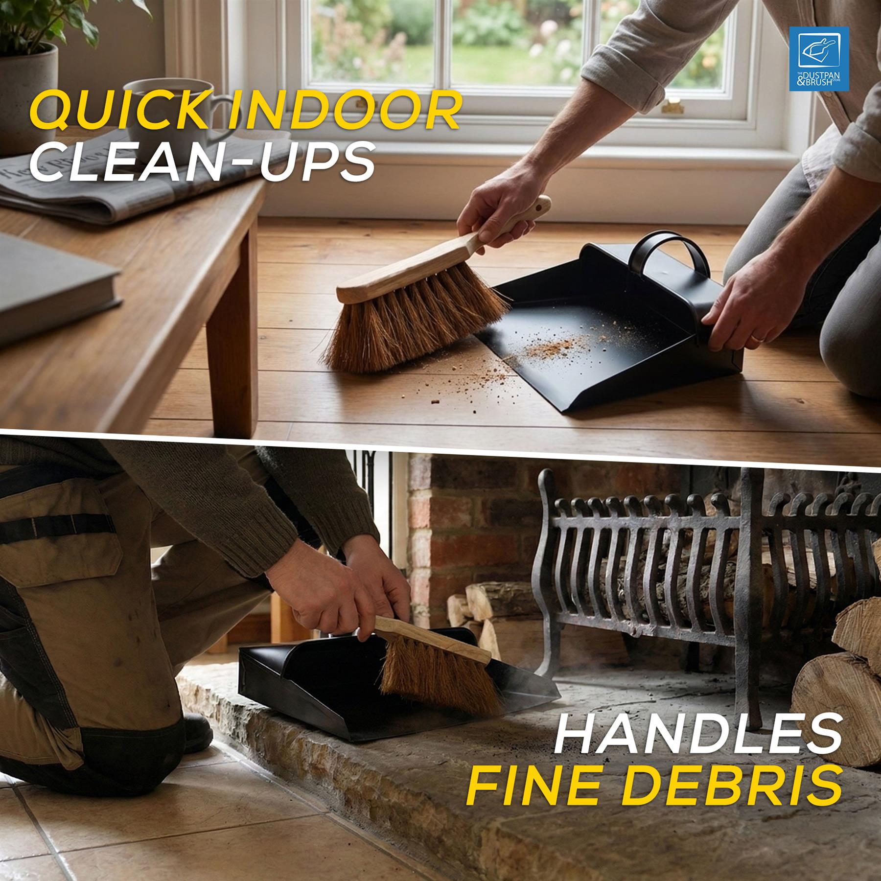 Person cleaning a wooden floor with the Metal Hooded Dustpan and Brush Set with Soft Coco Brush, with text about quick indoor clean-ups and handling fine debris.