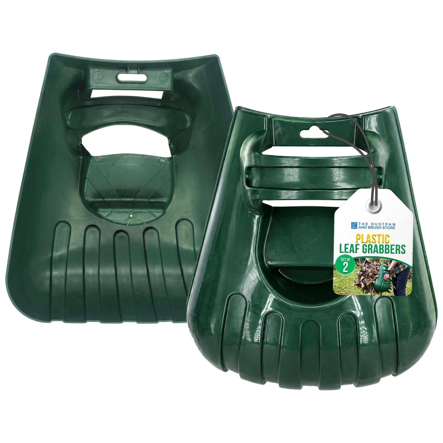 Two dark green plastic leaf grabbers shown on a white background, one with a hangtag reading 'Top-Tier Leaf Grabbers Plastic Leaf Grabbers'.