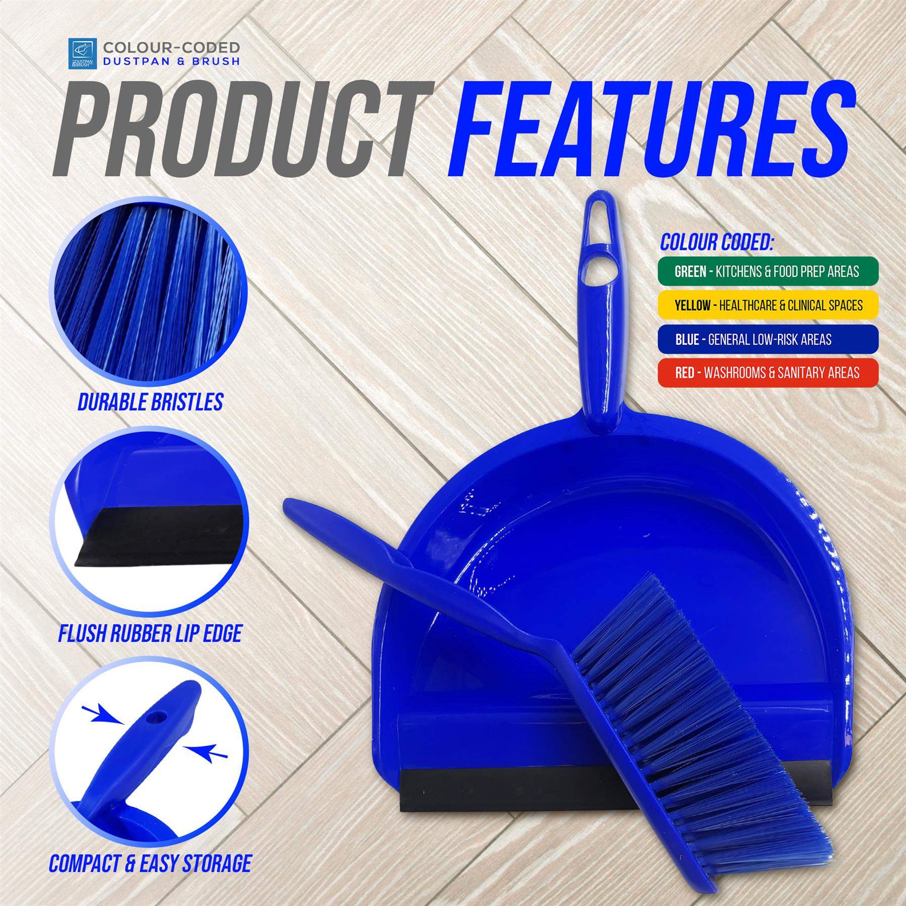 Blue dustpan and brush set with product features on a wooden floor background