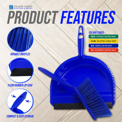 Blue dustpan and brush set with product features on a wooden floor background