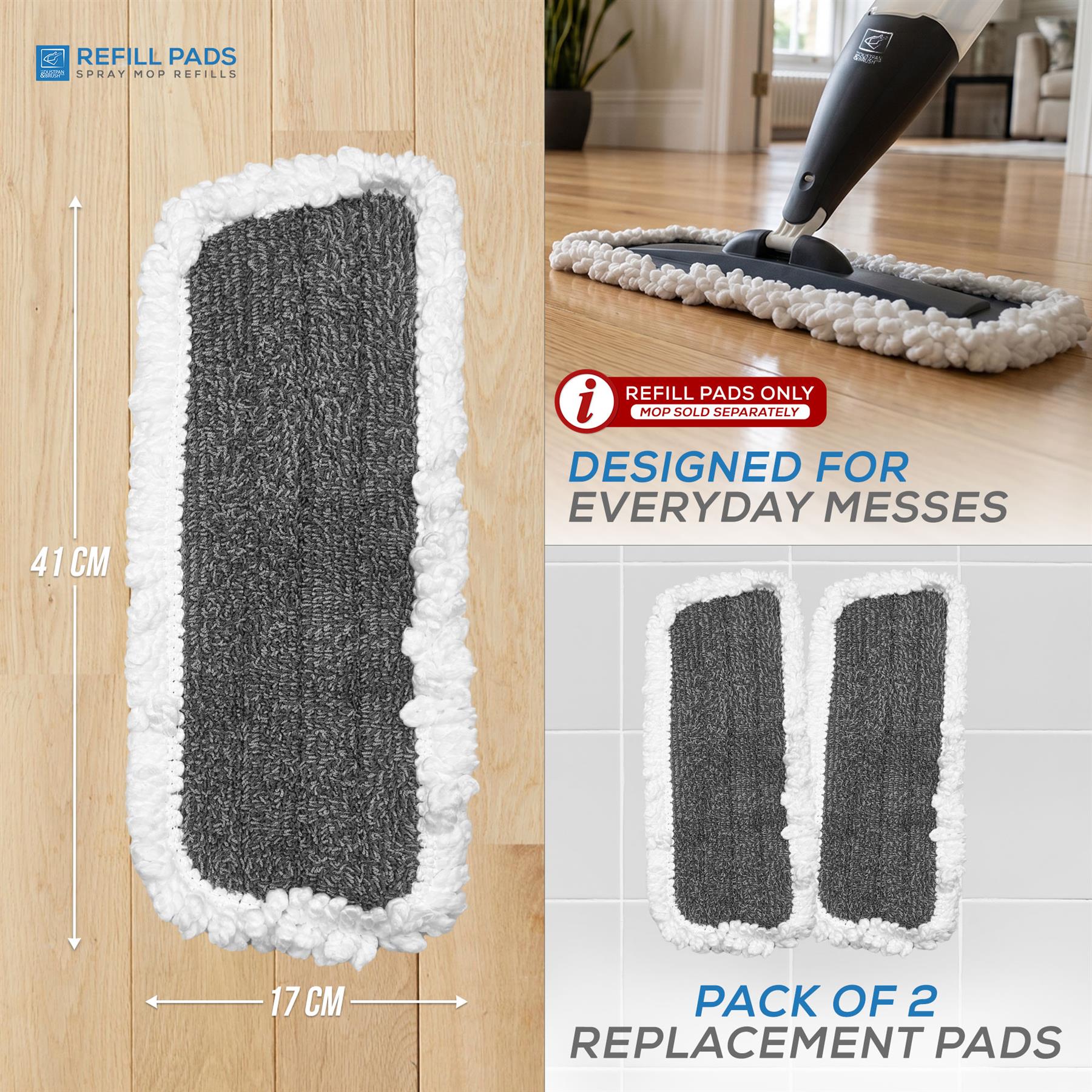 A pack of two grey and white microfibre mop refill pads shown on a wood floor with a mop attachment, plus printed dimensions (41 cm by 17 cm) and text noting they are designed for everyday messes and sold as a pack of 2 replacement pads.