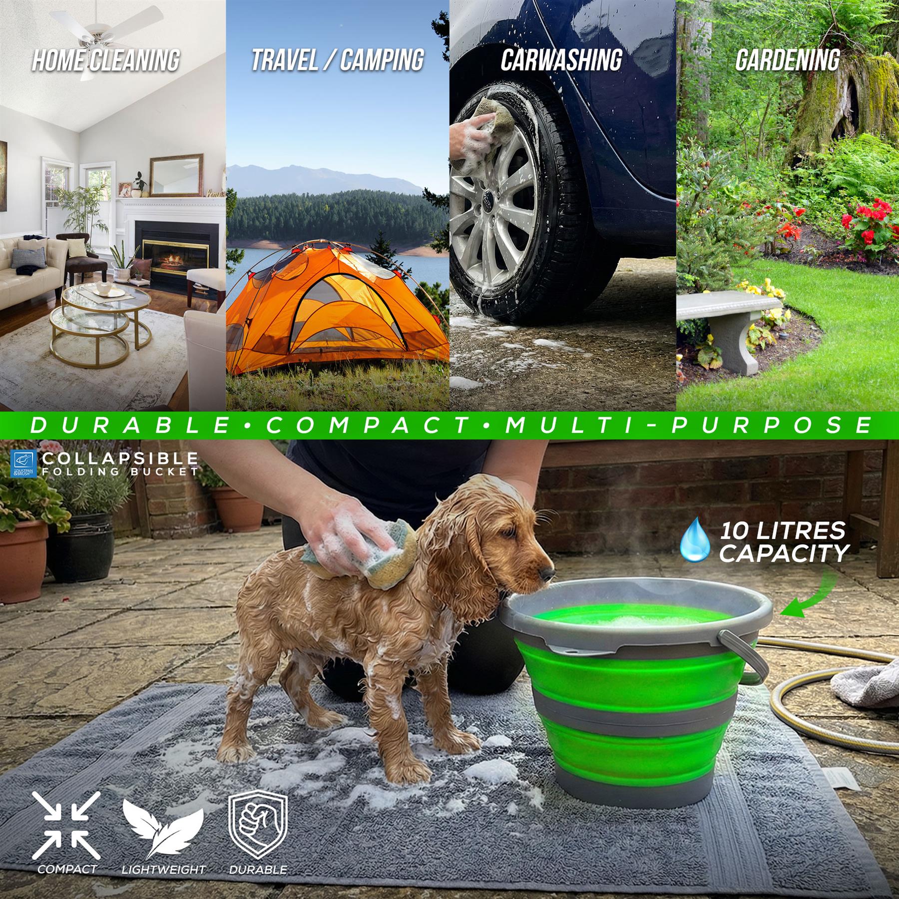 A promotional collage for a collapsible multi-purpose bucket. The top row shows lifestyle scenes labeled Home Cleaning, Travel/Camping, Carwashing, and Gardening.