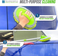 Telescopic Chenille Brush Mop with green bristles cleaning a car