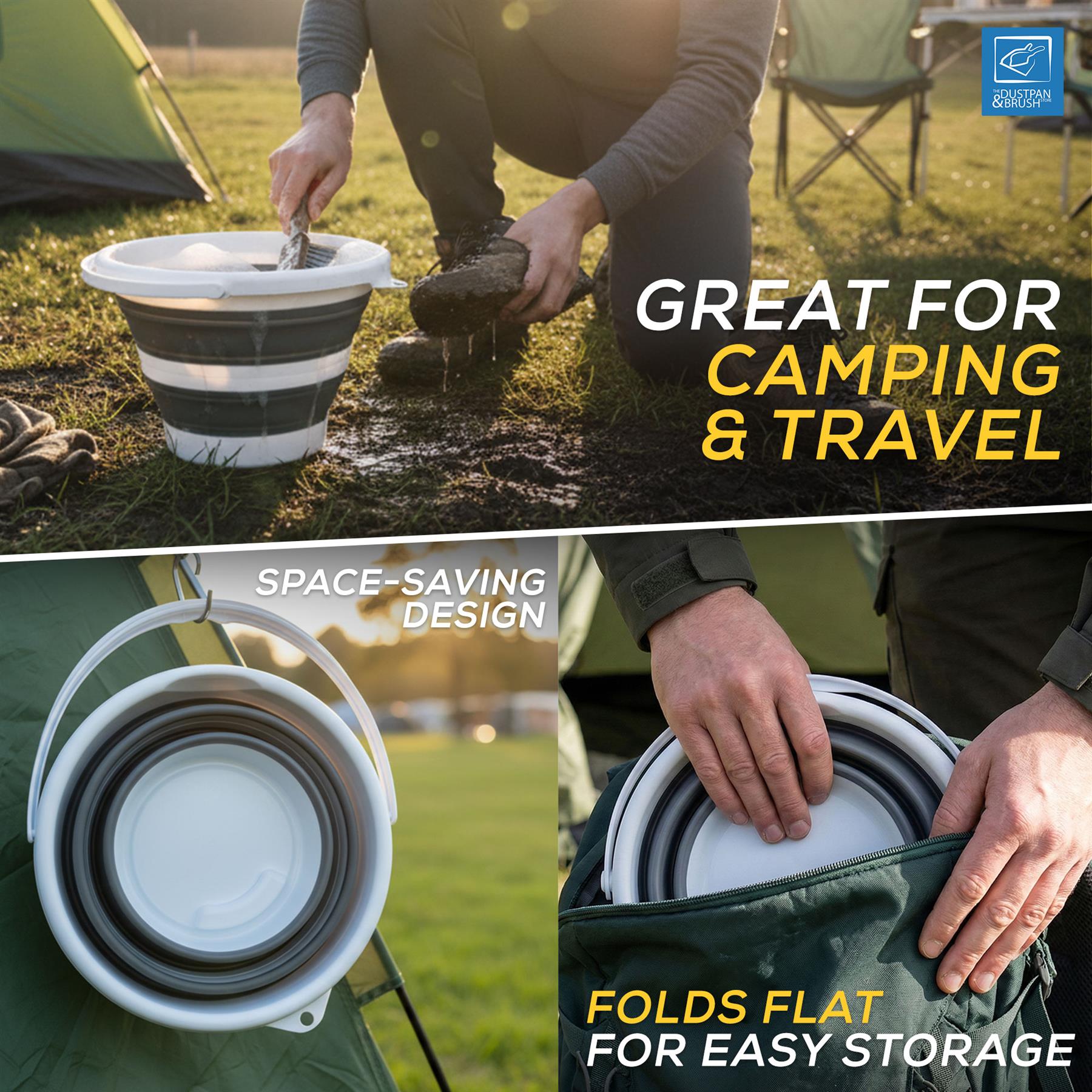 A promotional collage for a collapsible bucket-style water container. The top panel shows a person outdoors by a campfire, filling the container with water.