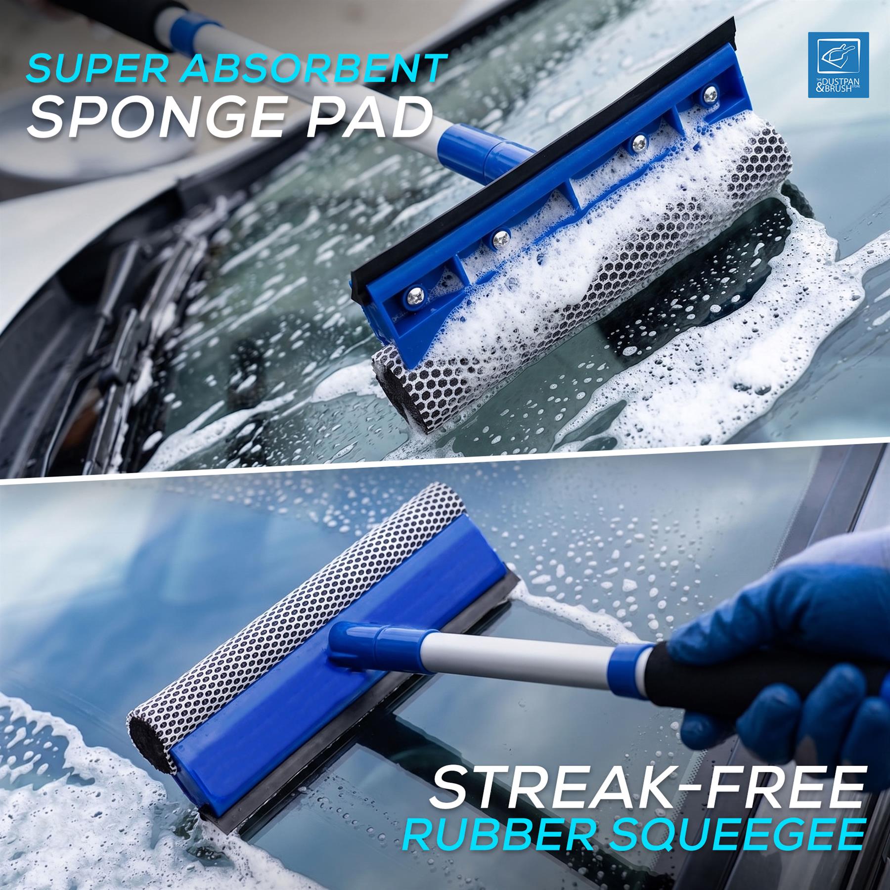 Super absorbent sponge pad with rubber squeegee cleaning a car window, showing effectiveness.