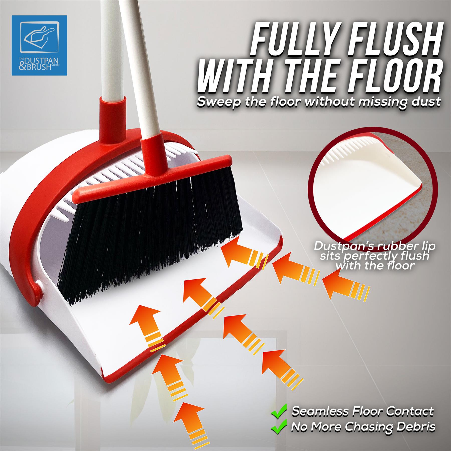 White & Red Long Handled Dustpan and Brush Set with text explaining its features on a gray background