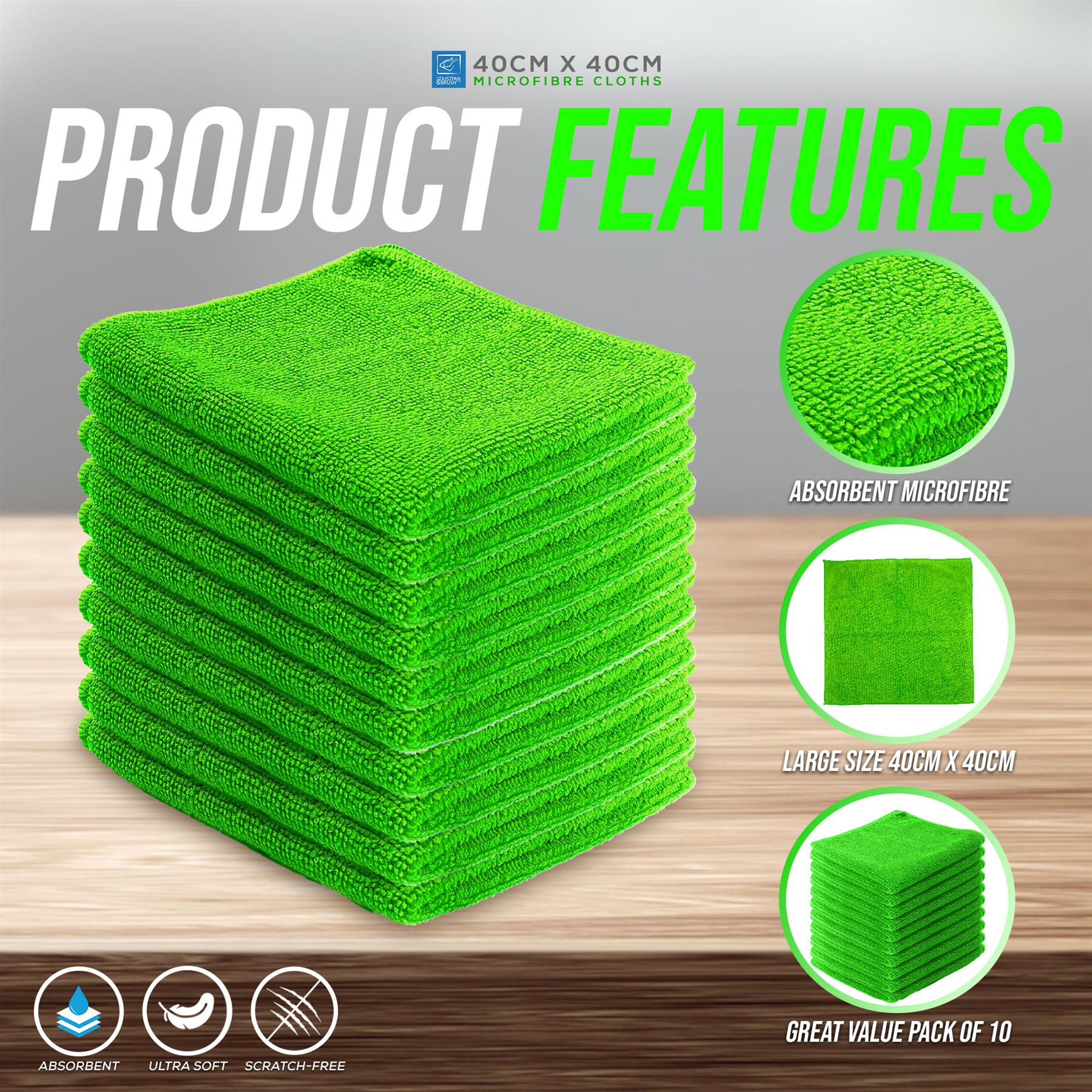 A stack of bright green microfibre cloth wipes on a wooden surface with a grey background, featuring text overlays 'PRODUCT FEATURES' and circular inset images showing the cloth texture and pack size.