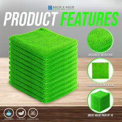 A stack of bright green microfibre cloth wipes on a wooden surface with a grey background, featuring text overlays 'PRODUCT FEATURES' and circular inset images showing the cloth texture and pack size.
