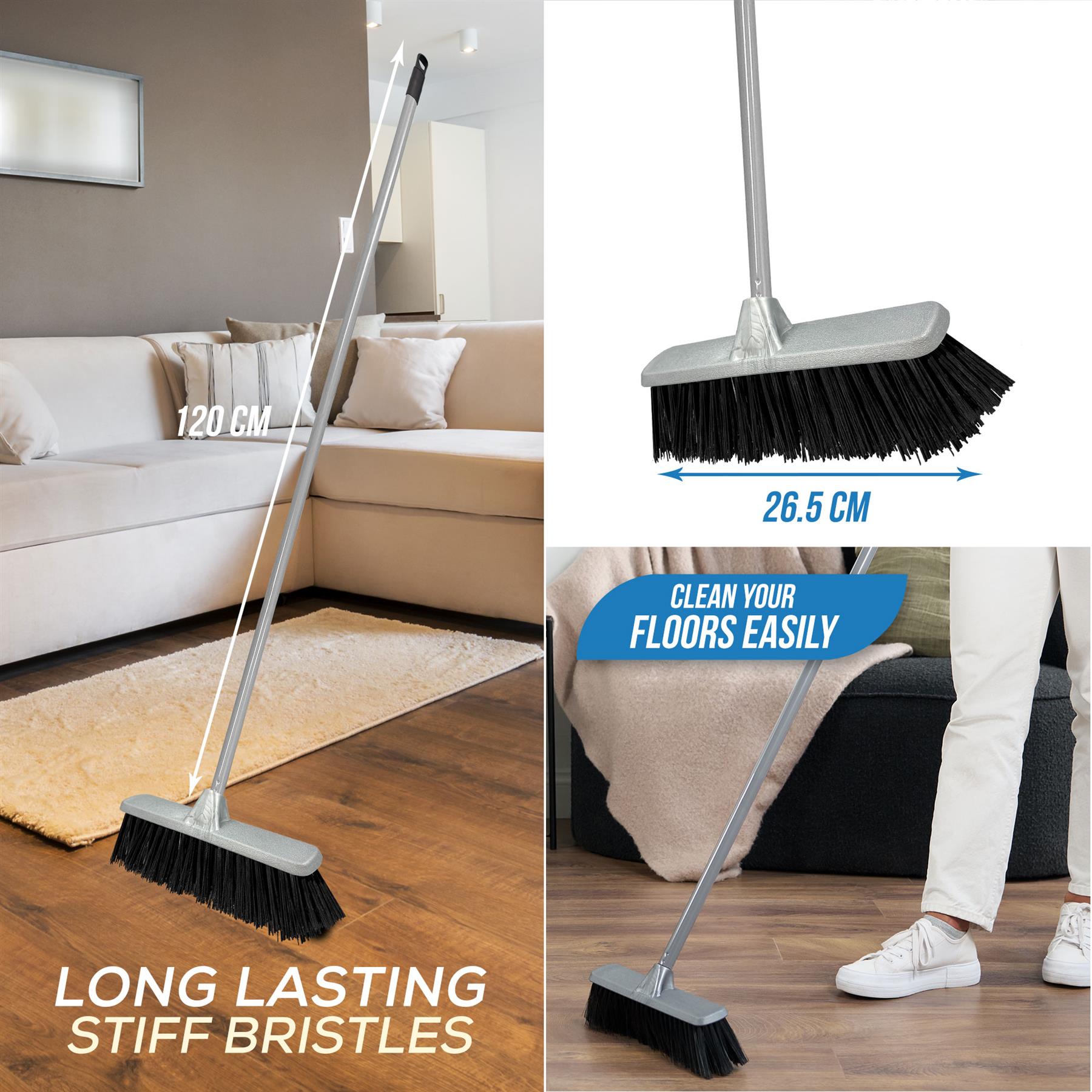 Silver Indoor Stiff Sweeping Brush Head and Handle Kitchen Broom Floor Sweeper - The Dustpan and Brush Store