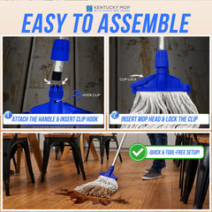 Kentucky Mop assembly process with text 'Easy to Assemble' on a beige background.