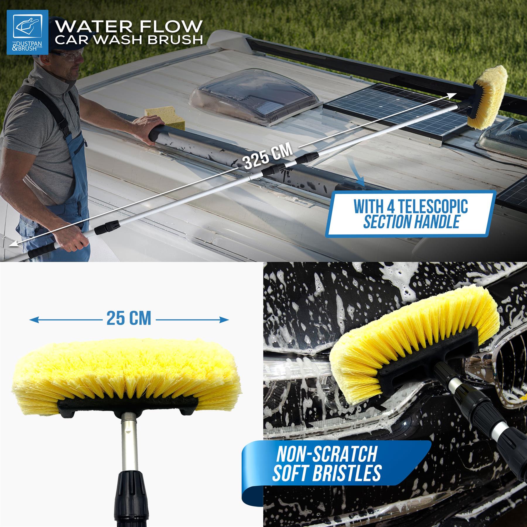 Water flow car wash brush shown in a multi-panel promotional graphic. The top panel shows a person using the long telescopic brush on a vehicle outdoors, with text noting 325 cm length and 4 telescopic sections.