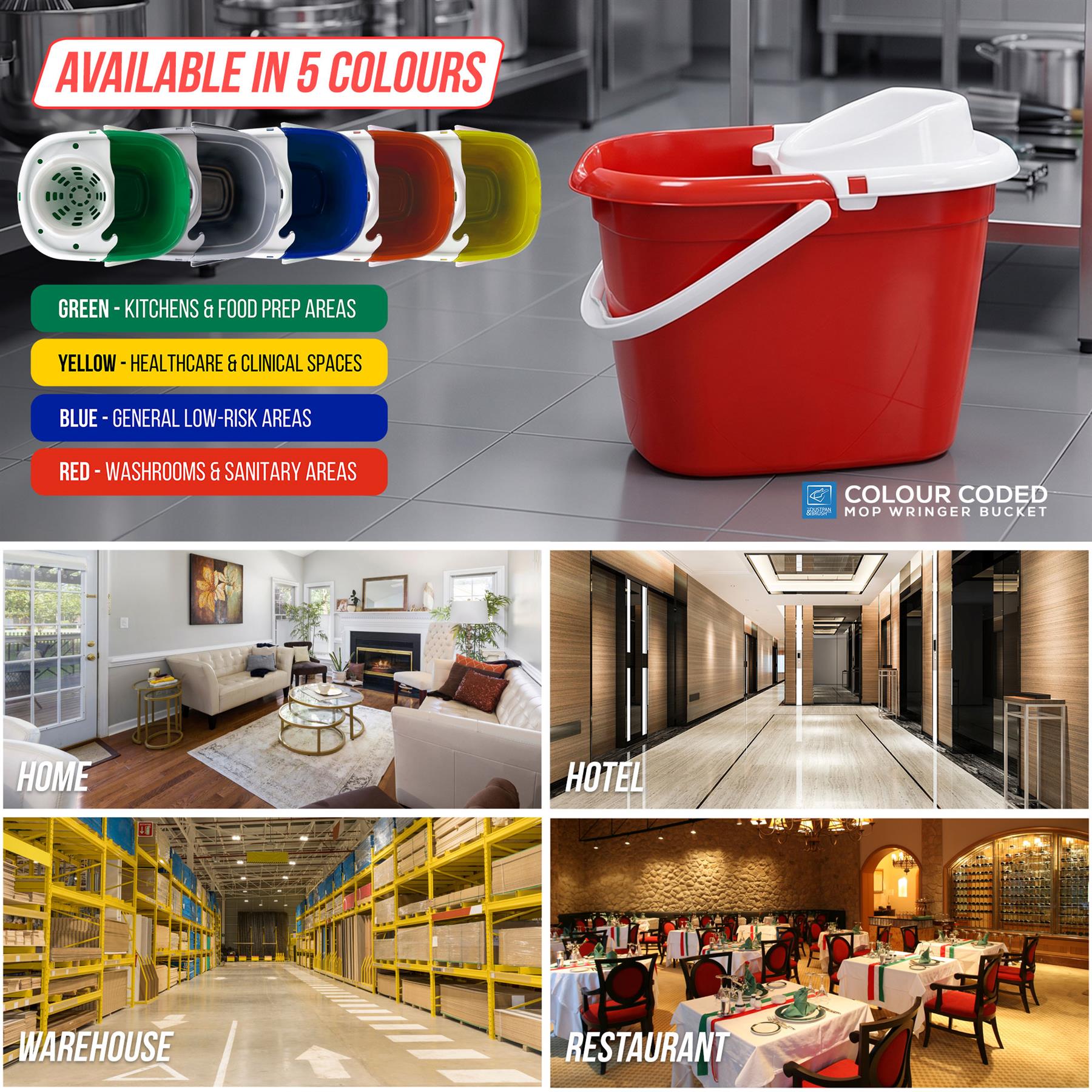 12L Mop Bucket with Wringer - Blue Green Red Yellow Grey