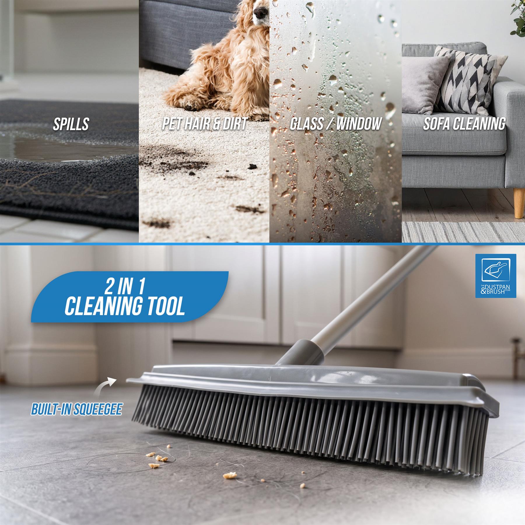 A two-in-one cleaning tool shown in a collage-style marketing image. The top half shows before-and-after style panels for spills on a rug, pet hair and dirt on a carpeted floor with a dog present, condensation on a glass window, and sofa cleaning.