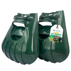 Two dark green plastic leaf grabbers shown on a white background, with a hanging product tag that reads 'The American' and 'Plastic Leaf Grabbers'.