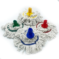 Four cotton floor mops with white string heads and colored plastic twist-offs in yellow, green, red, and blue, arranged on a white background.