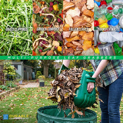 A collage showing different types of leaf debris and recycling materials labeled Grass Clippings, Garden Compost, Fallen Leaves, and Transfer Waste, with a person in a yard using a green leaf grabber to collect leaves into a green bin. The text 'MULTI-PURPOSE LEAF GRABBERS' appears across the center, and the 'DURABLE LEAF GRABBERS' logo is in the bottom-left corner.