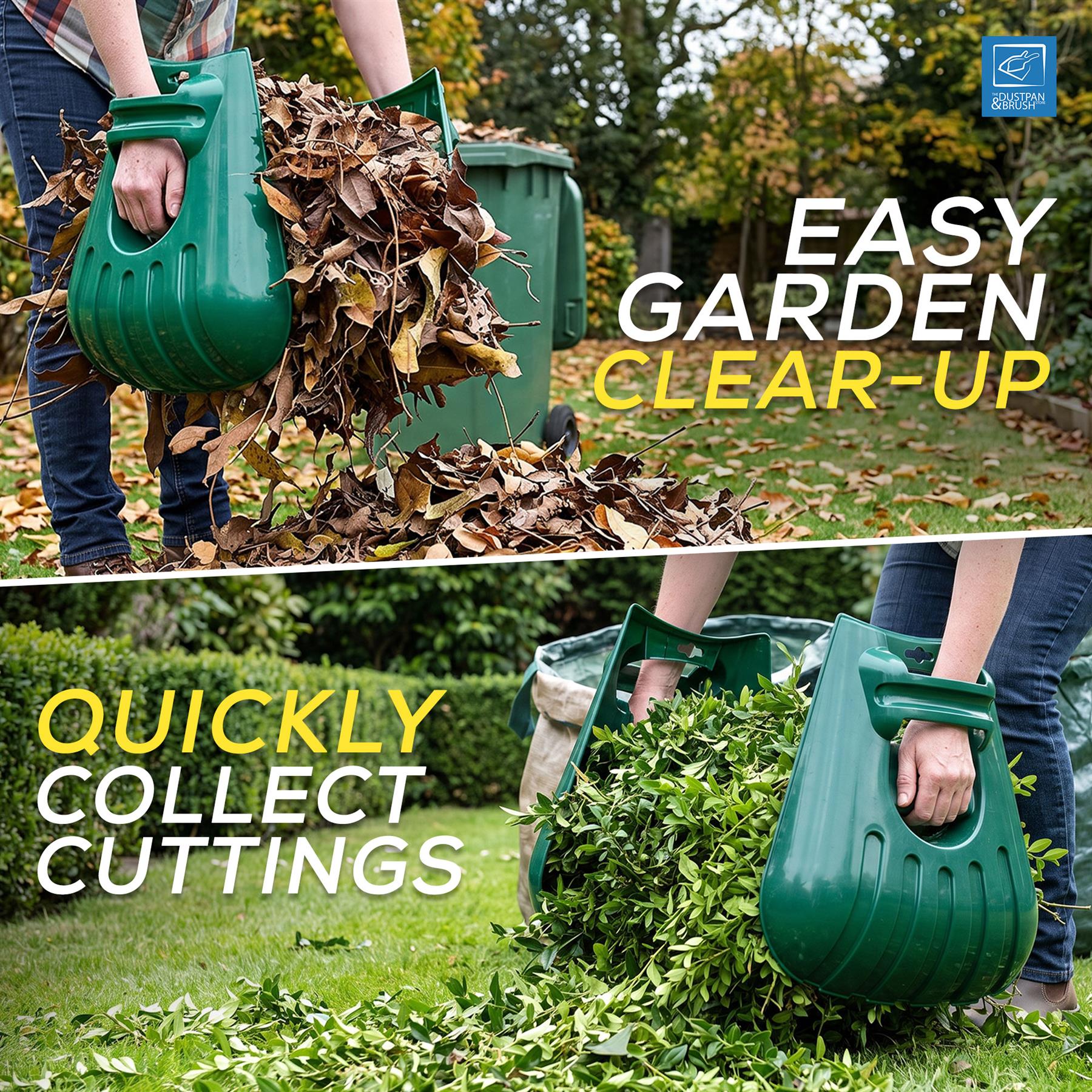 A split promotional image showing a green handheld leaf and debris collector in use outdoors. The top panel shows a person pouring fallen leaves into the collector with large text reading 'EASY GARDEN CLEAR-UP.