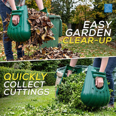 A split promotional image showing a green handheld leaf and debris collector in use outdoors. The top panel shows a person pouring fallen leaves into the collector with large text reading 'EASY GARDEN CLEAR-UP.