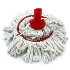 A cotton mop head with white twisted cotton fibers and a red plastic central hub, shown on a plain white background.