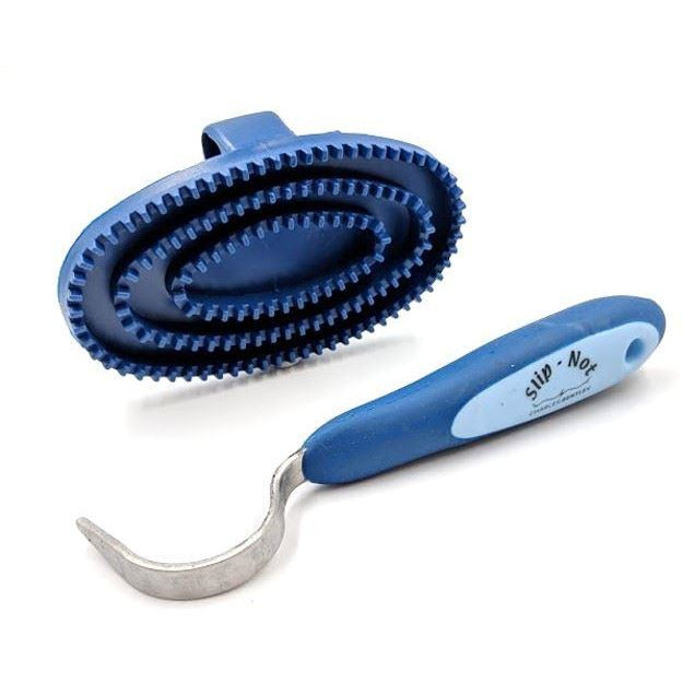 Charles Bentley Slip-Not Equestrian Horse Grooming Cleaning Brush Kit Blue Set