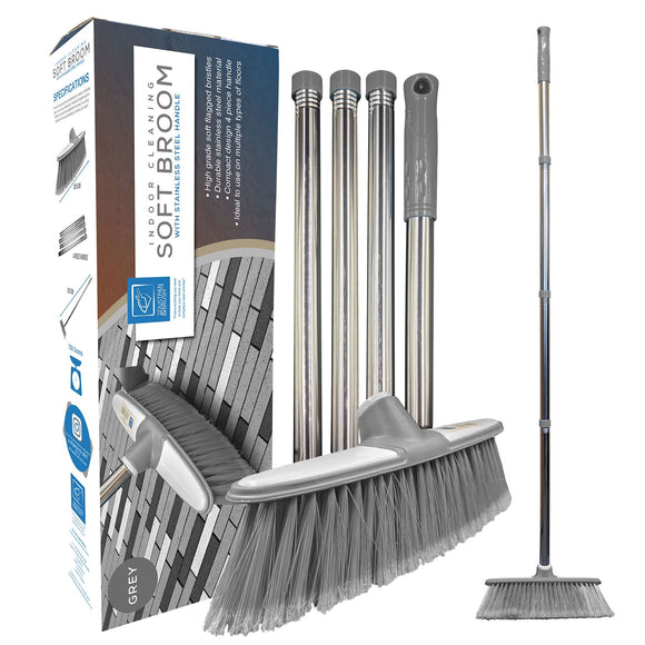 Grey & White Indoor Broom with 4pc Stainless Steel Handle