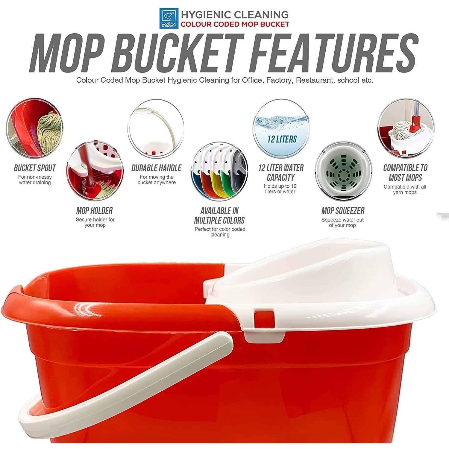 12L Red Plastic Mop Bucket and Wringer