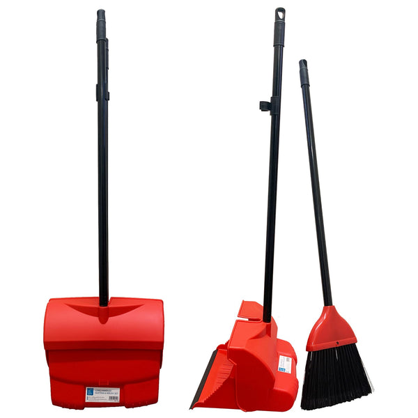 Long Handled Dustpan and Brush Set with Strong Metal Handle Red