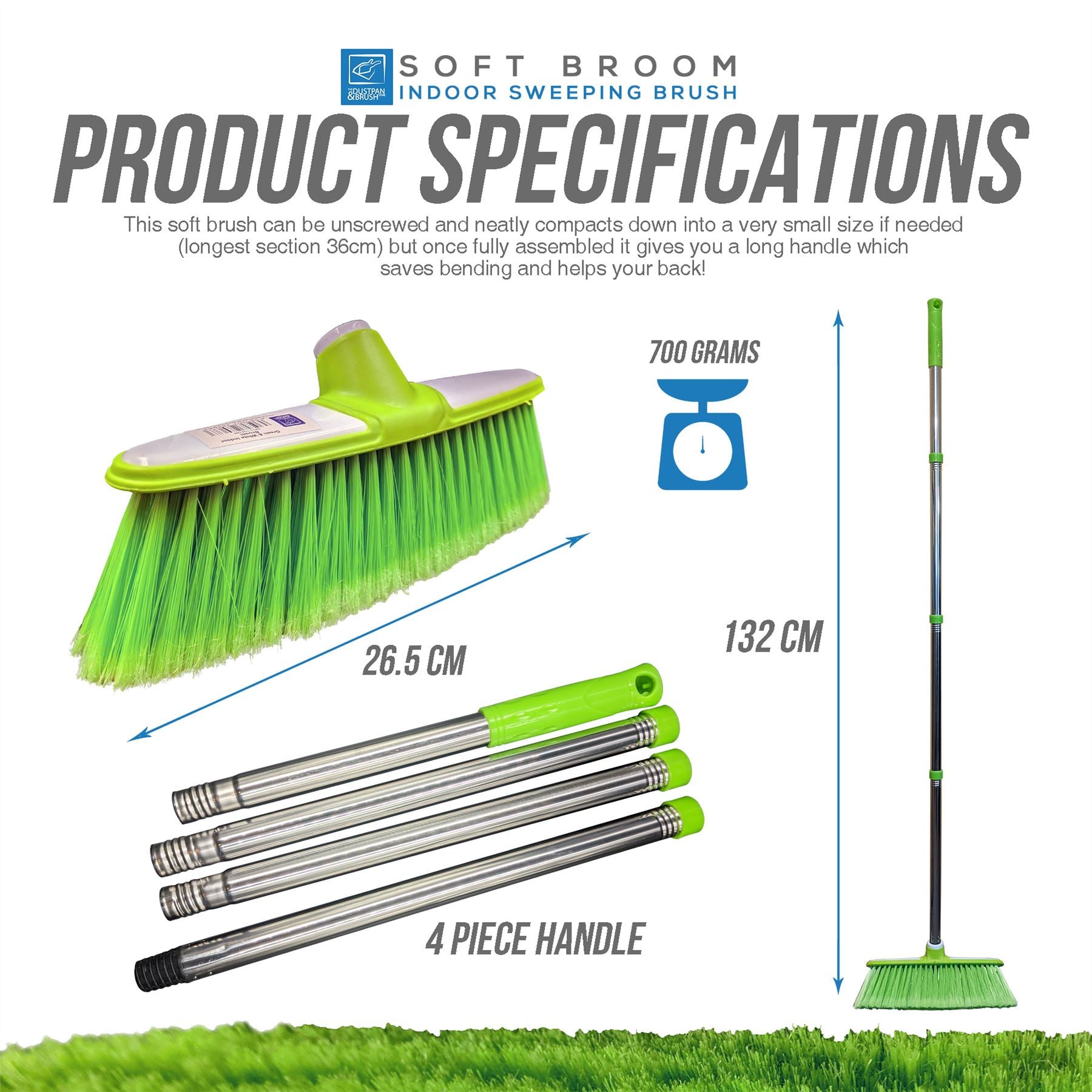 Green & White Indoor Broom with 4pc Stainless Steel Handle