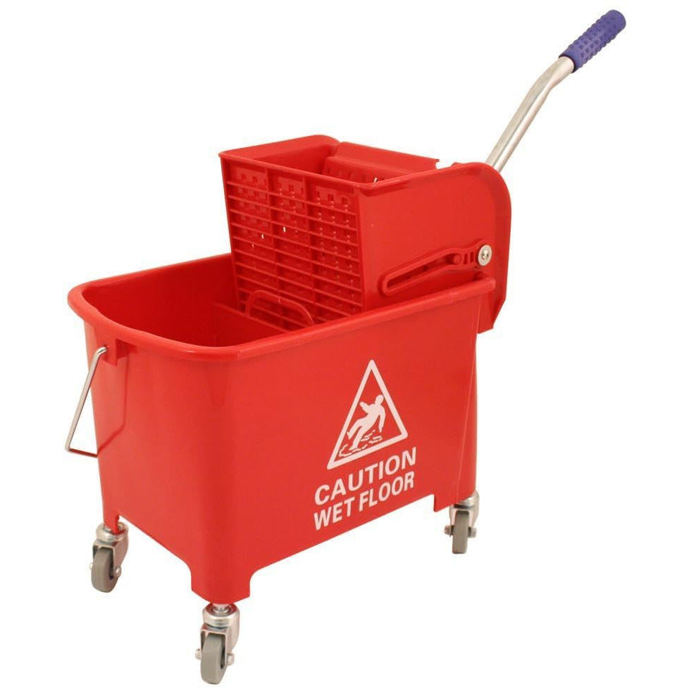 Red Heavy Duty Mobile 20L Kentucky Mop Bucket on Wheels with Wringer - The Dustpan and Brush Store